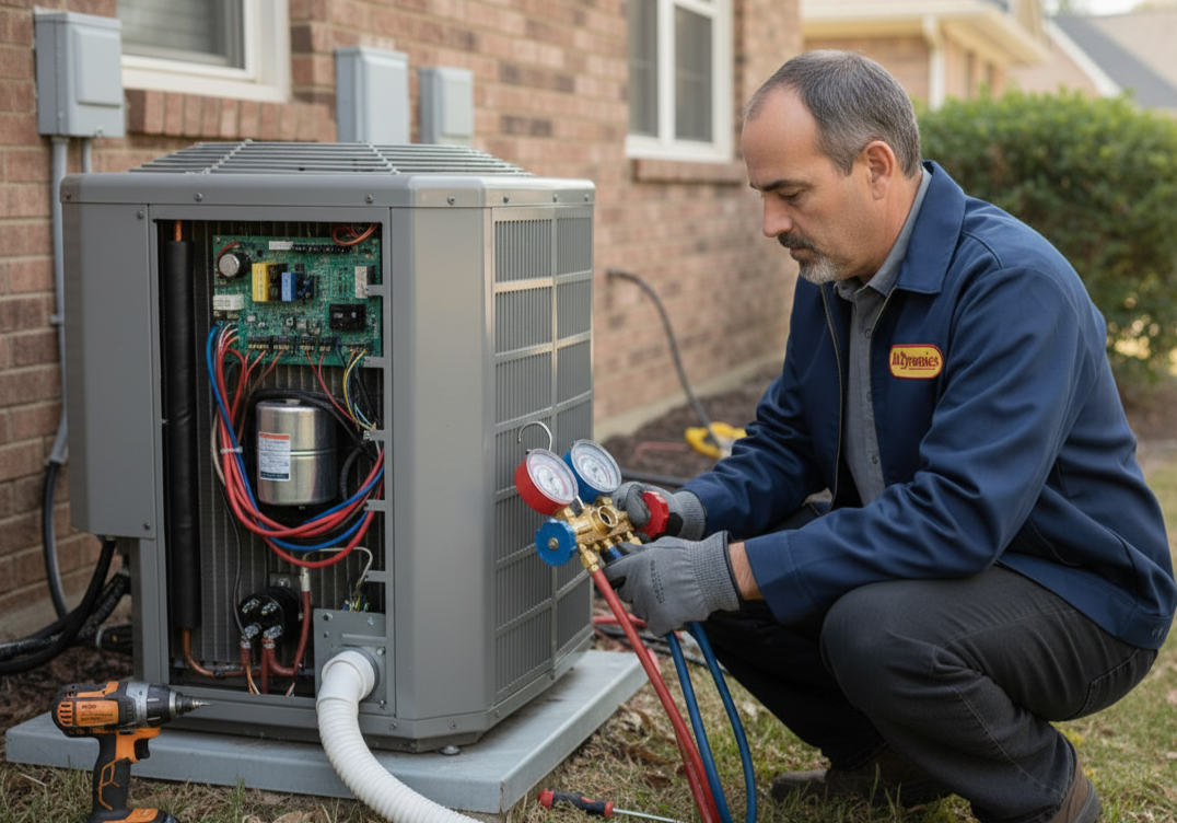 The owner of Air Dynamics of Tulsa uses manifold gauges to diagnose an AC unit during a repair visit in Broken Arrow.