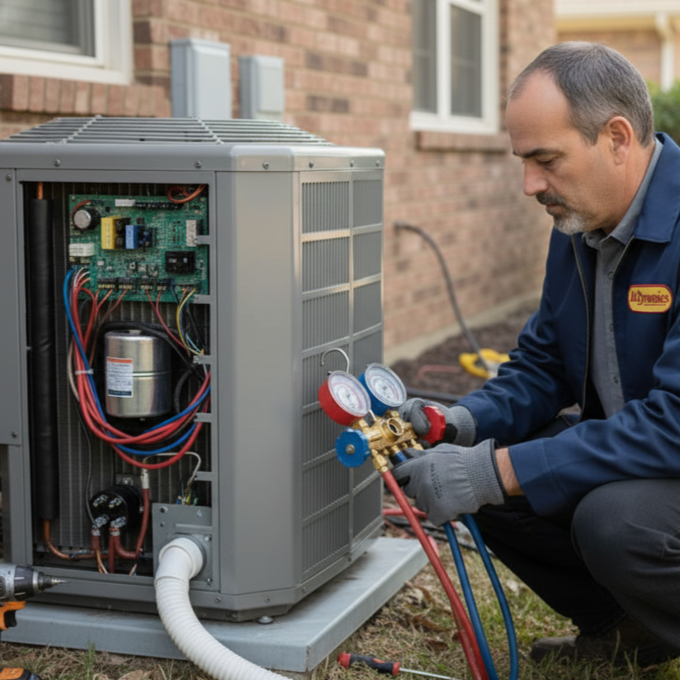 An Air Dynamics of Tulsa technician services an outdoor compressor unit beside a house in Tulsa.