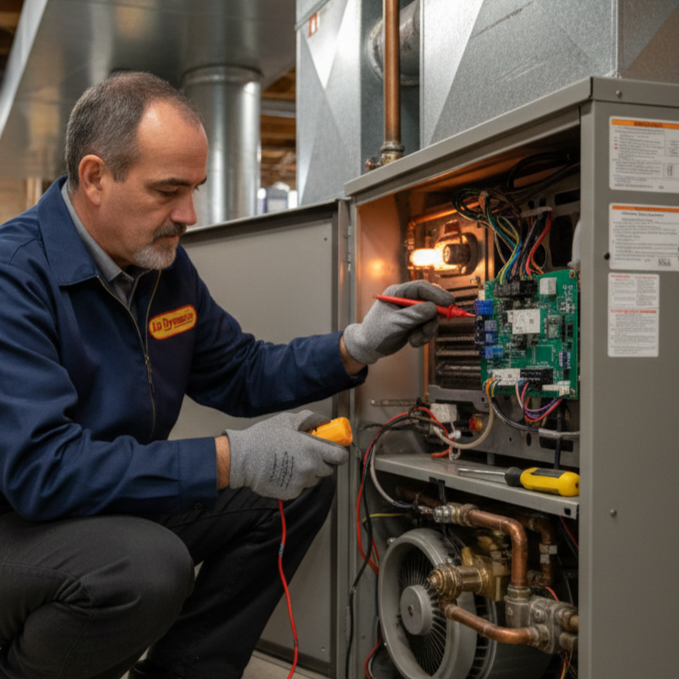 The owner of Air Dynamics installing a new furnace for a customer in Tulsa.