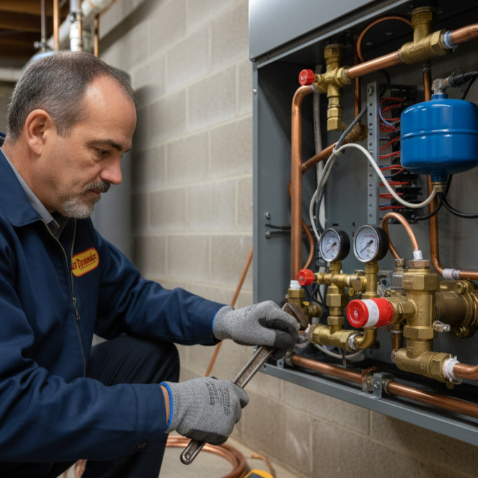 Air Dynamics of Tulsa technician diagnosing an issue during a boiler repair service.