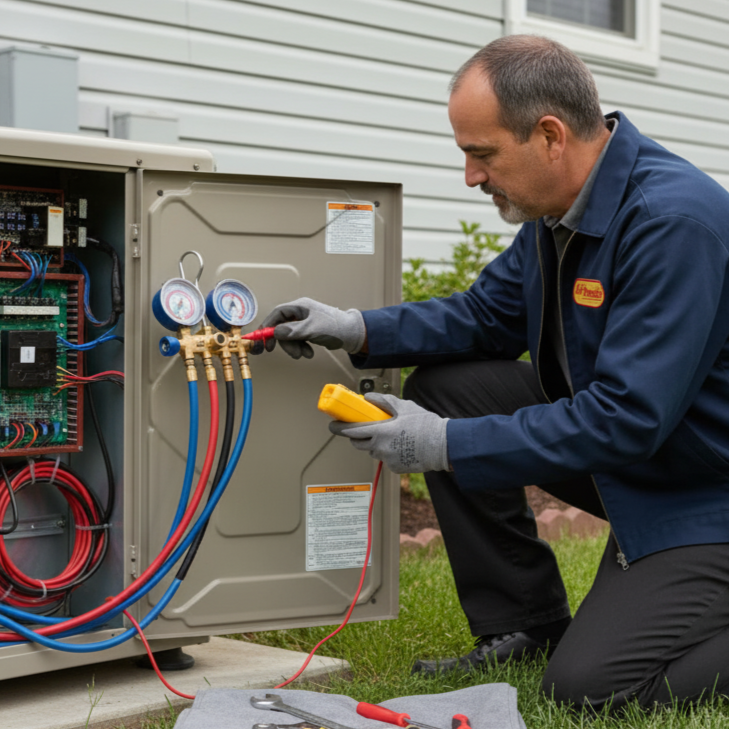 The owner of Air Dynamics diagnosing a heat pump issue during a repair service in Tulsa.