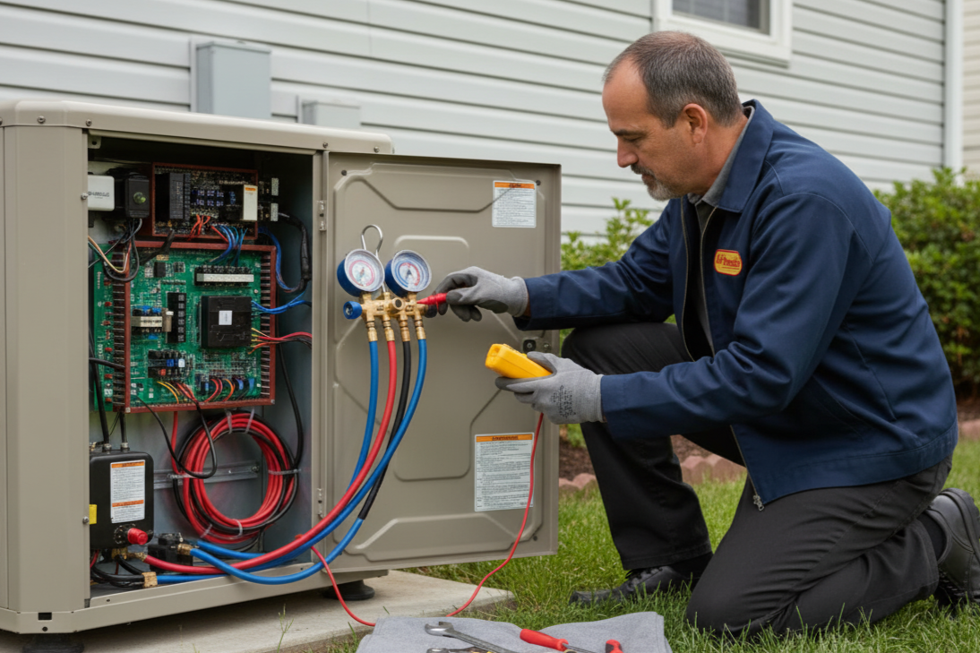 The owner of Air Dynamics performing a heat pump repair for a home in Tulsa.