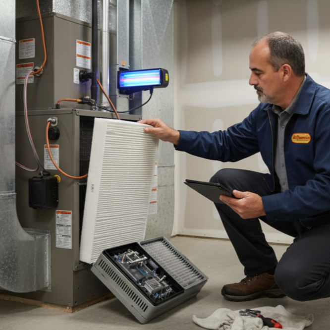 Air Dynamics of Tulsa technician diagnosing an issue during an AC repair service.