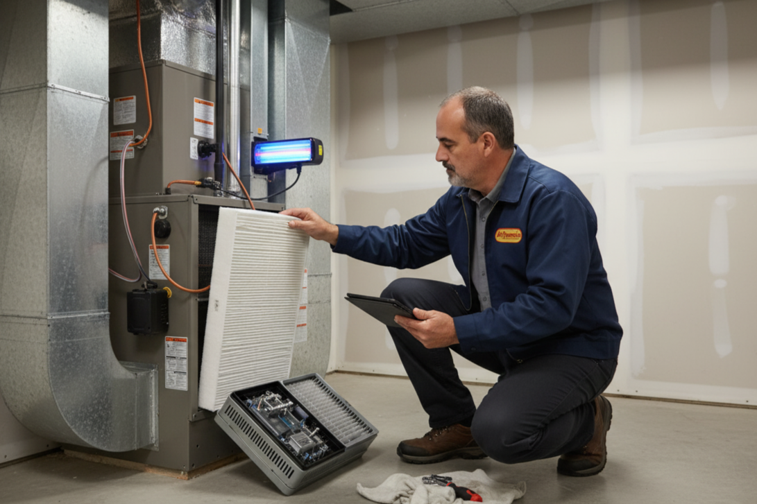 An Air Dynamics of Tulsa technician inspecting an advanced media air filter and UV light air purifier for an indoor air quality service in Tulsa.