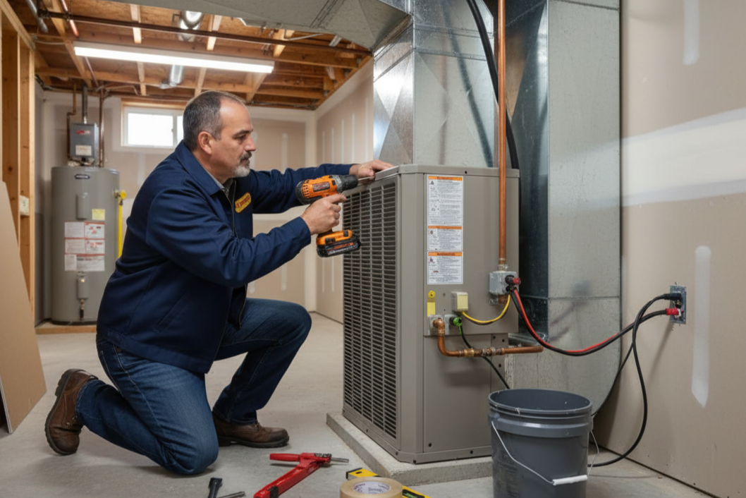Air Dynamics technician carefully installing a new HVAC system for a home in Broken Arrow, OK.