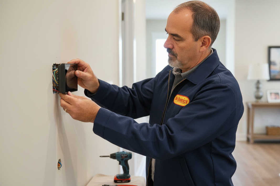 An Air Dynamics of Tulsa technician carefully wiring and installing a new smart thermostat in a Tulsa-area home.