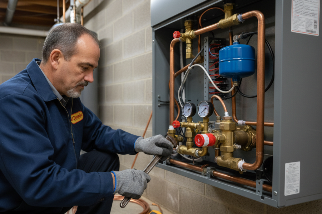 The owner of Air Dynamics performing a boiler repair service for a home in Tulsa, adjusting copper piping on the unit.